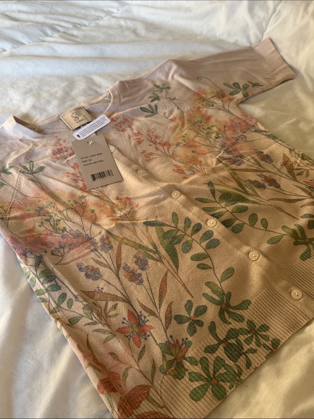 Sioni Neutral Floral Button-Up Short Sleeve Cardigan with Pink Accents